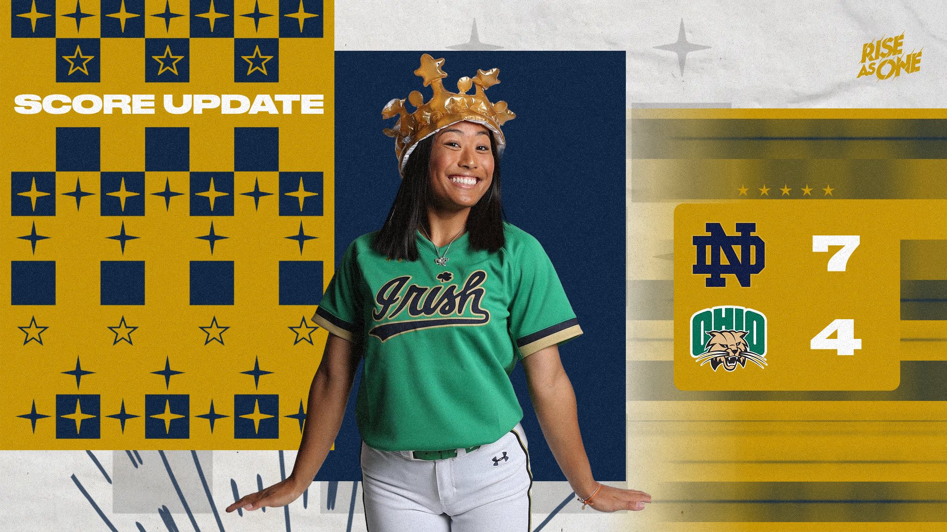 A graphic created with box out, containing a photo of a softball player wearing a gold inflatable crown, with game score to the right featuring Notre Dame with 7 runs and Ohio University with 4 runs in white text on a gold background