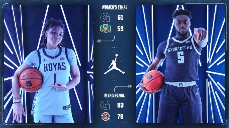 A graphic created with Box Out, showcasing the game scores for both the women’s and men’s Georgetown Hoyas basketball teams