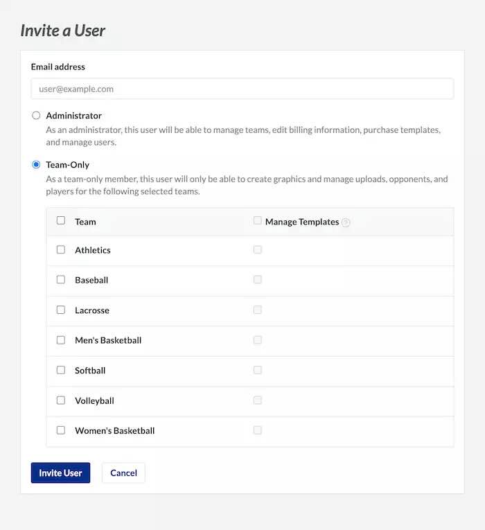 Interface for inviting a new user via email with options to select which teams to grant access to the new user.