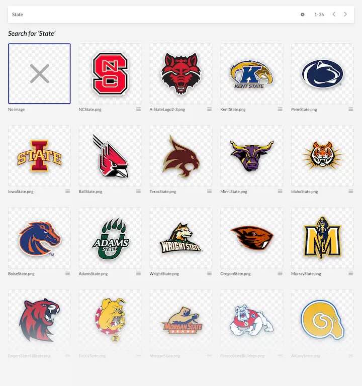 Interface for selecting a logo to display, with a Search field containg the phrase 'State' with a 5 by 4 grid of logo graphics matching the search query